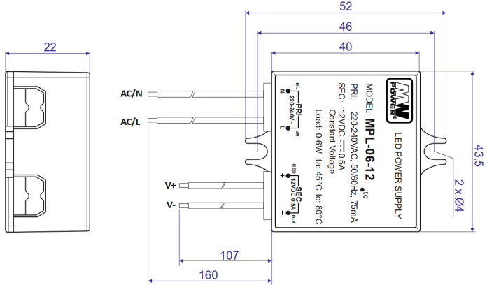 Rysunek techniczny zasilacza LED puszkowego MW Power MPL-06-12